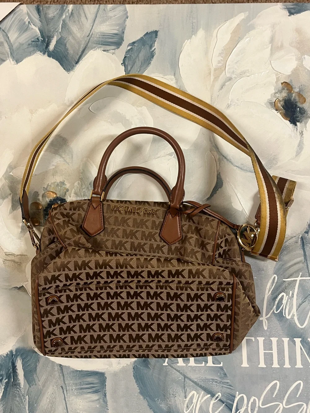 Michael Kors Brown MK Logo Satchel with Striped Yellow-Brown Shoulder Strap